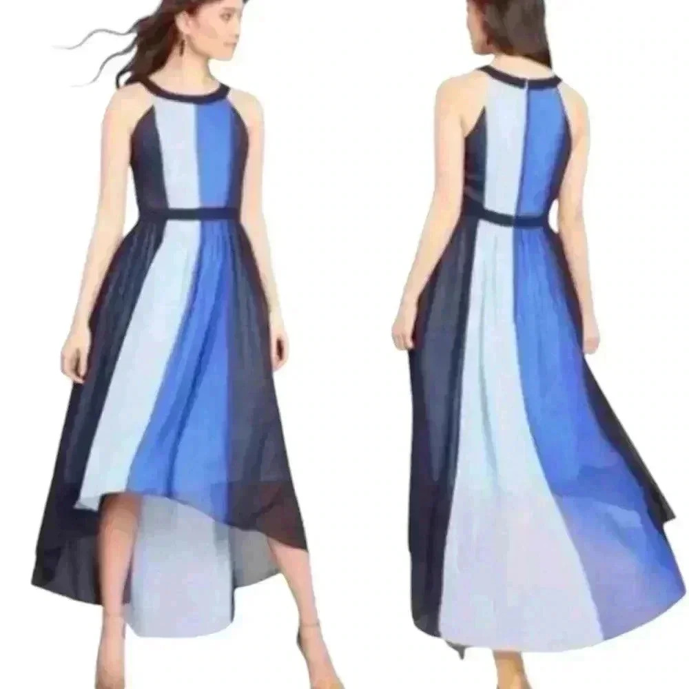 Modcloth Peachy Queen High Low Midi Dress Blue Colorblock Striped Zip Back Large - Picture 1 of 10